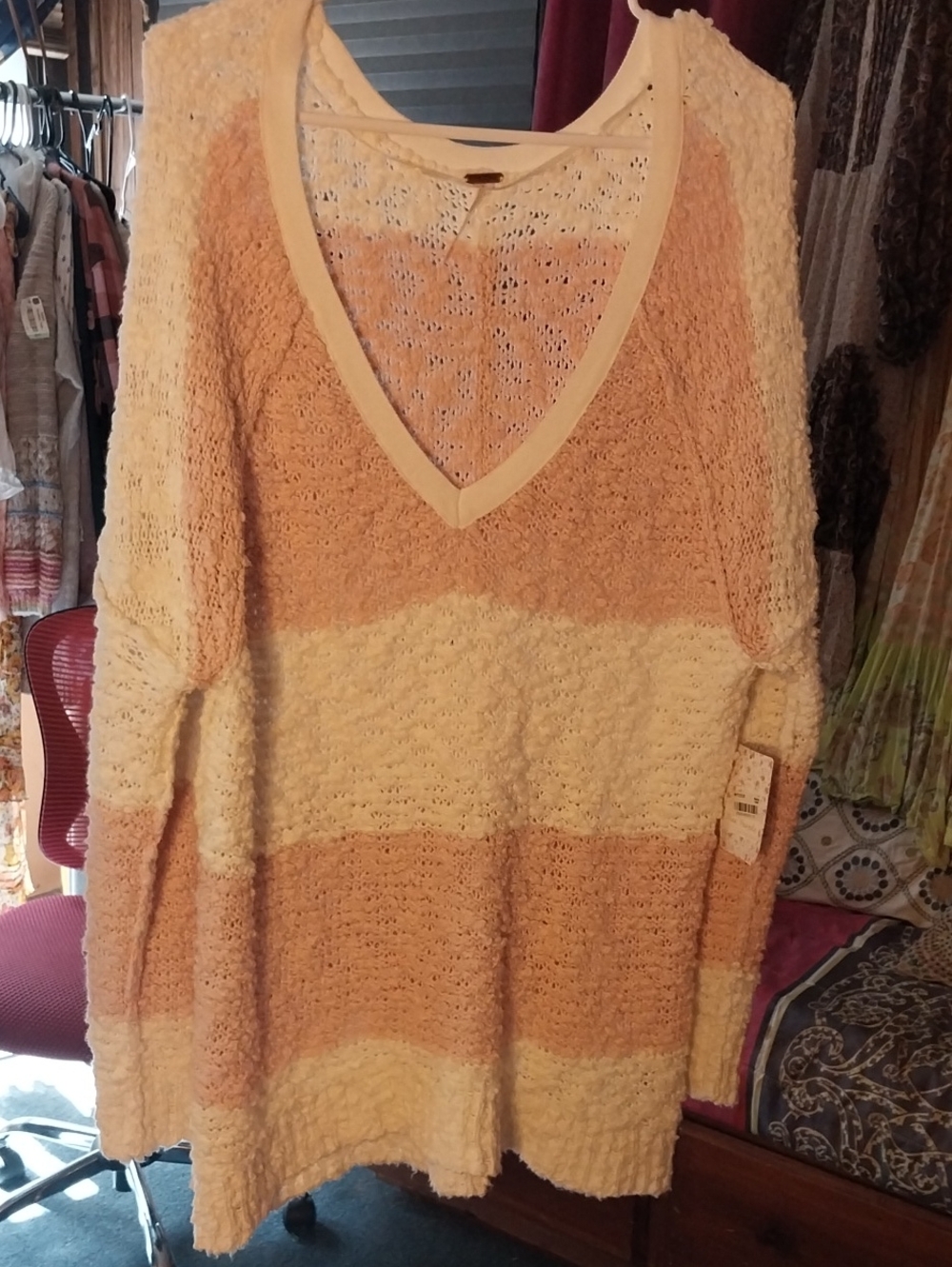 Free People Striped V-Neck Sweater - Cream & Blush Pink